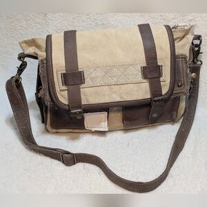 Myra Bag Vintage Patchwork Satchel Messenger Cotton Leather Tan Brown